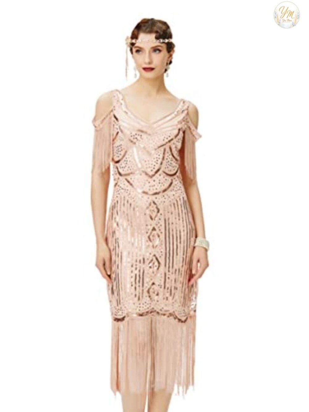 1920s Flapper Dress Sequin Beaded Fringe V-Neck Prom Party Costume